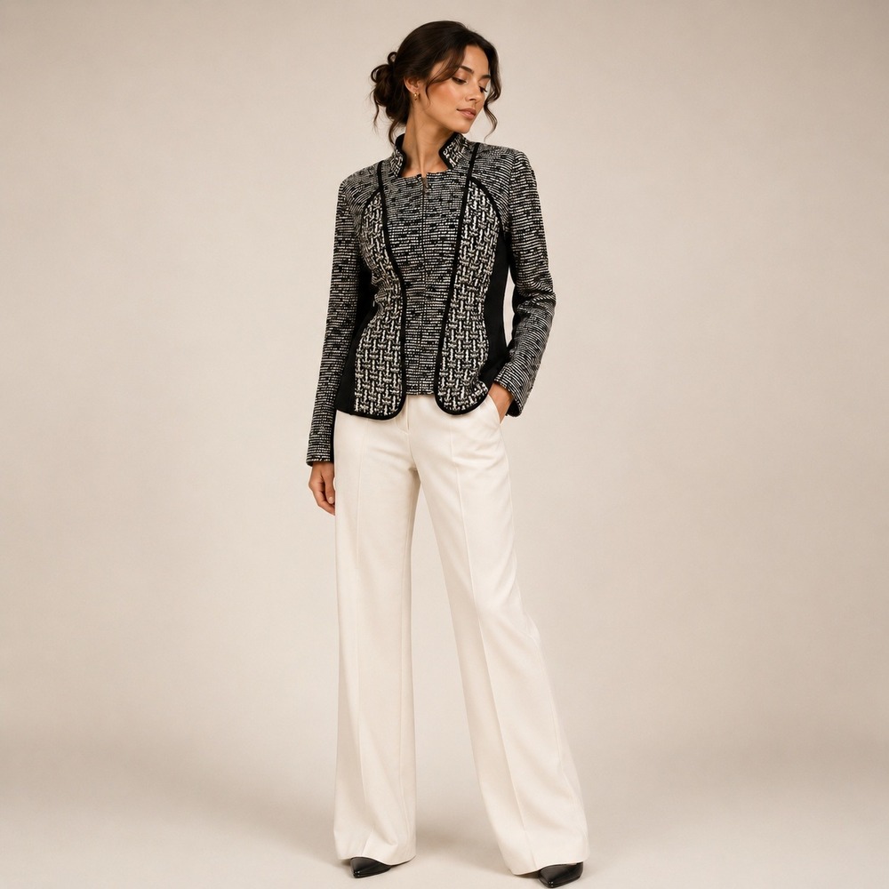 Ming Wang Jacket Med Black White Zip Front Knit Sapphire Blazer Career Luxury